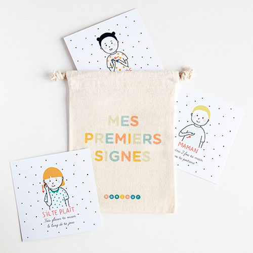 Mes premiers signes : « Manger », « content », « doudou »… 25 cartes à afficher pour signer et mieux communiquer avec bébé.